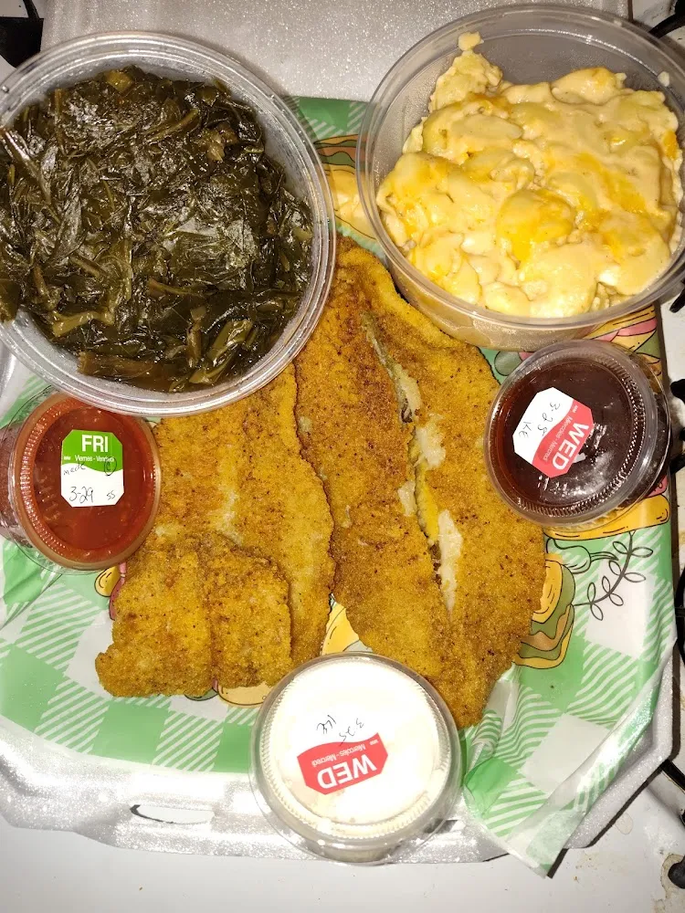 Catfish Greens & Mac N' Cheese