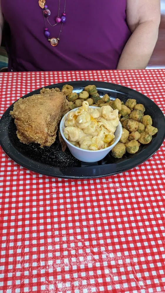 Fried Chicken Fried Okra and Mac N Cheese